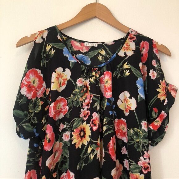 SPENSE Black Red Green Multi Floral Short Sleeve Cold Shoulder Blouse Top Small - Picture 2 of 8